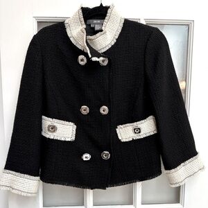Per Se Black Wool Double Breasted Jacket with Cream Trim Frayed Size 4 Small S